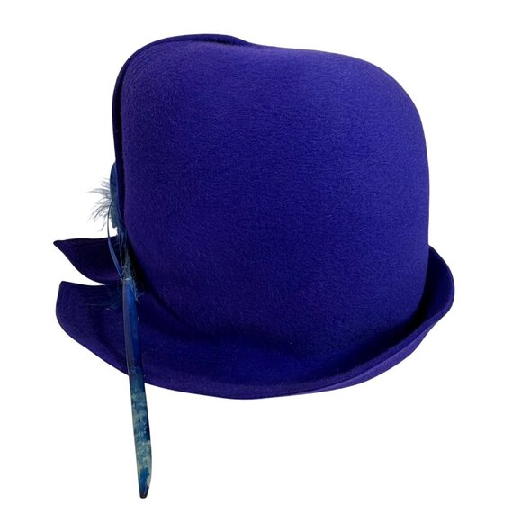 Vintage FLEUR de LIS Cobalt/Purple Felt Cloche Fascinator Hat Blue Feather Italy - Picture 3 of 11